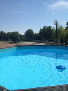 a blue swimming pool with a frisbee in it at Bungalow BAMBOLERA in Torrelaguna