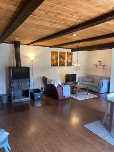 een woonkamer met een bank en een open haard bij Barts house in Länshult