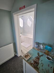 a room with a bathroom with a shower with a goat at Four Winds B&B StDavids in St. Davids