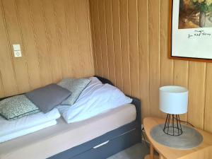 uma cama num quarto com um candeeiro sobre uma mesa em Ferienhaus Elbe -Parey am See em Parey