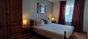 a bedroom with a bed with two lamps and a window at Hisa Lescer in Kobarid