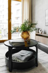 a black coffee table with a plant on it in a room at Cracow Palm Apartment in Kraków
