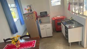 a small kitchen with a refrigerator and a table at Apê do NADINHO in Caparaó Velho