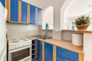 uma cozinha com armários azuis e um lavatório em Platis Gialos beach house with sea view balcony em Platis Gialos, Mykonos