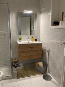 a bathroom with a sink and a shower at Sangio' Apartment in Lecce