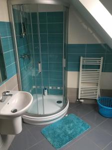 ein Badezimmer mit einer Dusche, einem Waschbecken und einer Badewanne in der Unterkunft U Rozlitýho mlíka in Chvaleč