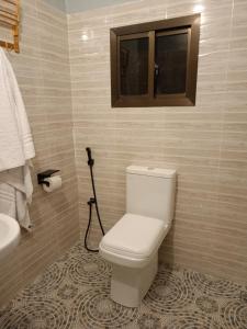 bagno con servizi igienici bianchi e lavandino di Opaque gardens a Tezo