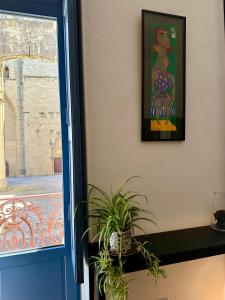 una planta sentada en un mostrador al lado de una puerta en La Suite de la Cathédrale, en Narbona