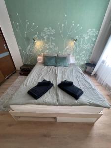 1 dormitorio con 2 almohadas en Värskelt renoveeritud hubane korter Tartus, en Tartu