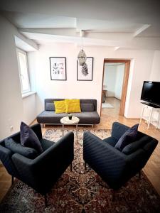 a living room with two couches and a tv at Franziskaner Suites #9 in Graz