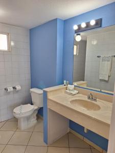 a bathroom with a sink and a toilet and a mirror at Playa Inn Rocky Point in Puerto Peñasco