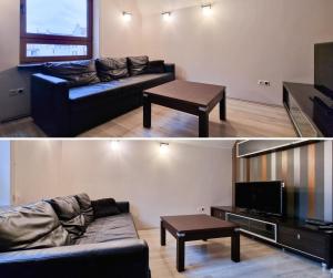 a living room with a couch and a coffee table at Apartament w Sercu Miasta in Elblag