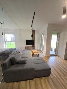 a large living room with a couch and a fireplace at Apartament Park Trzy Stawy in Katowice