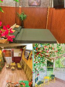 two pictures of a room with a bed and flowers at Old Building 1939 in Hanoi