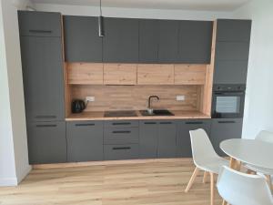 a kitchen with gray cabinets and a table with chairs at Apartament Park Trzy Stawy in Katowice +38 photos