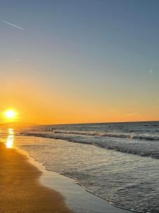 uma praia com o sol nascendo sobre o oceano em La Margherita Case Vacanze em Rodi Garganico