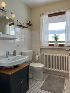 a bathroom with a sink and a toilet and a window at Landhus-Sylt in Archsum