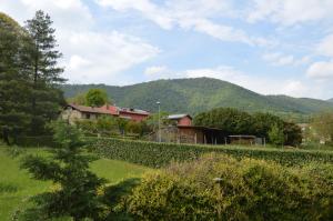 a field with houses and mountains in the background at Arya Apartment in Torre Boldone