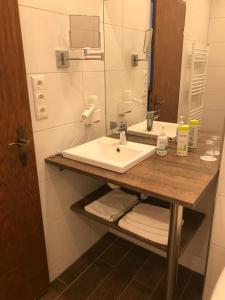 La salle de bains est pourvue d'un lavabo et d'un miroir. dans l'établissement Forsthaus Alter Foerster, à Bad Oeynhausen