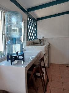 a kitchen with a large fishtank on a counter at Hostel SaltWater in San Juan del Sur