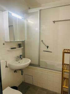 ein Bad mit einem Waschbecken und einer Dusche in der Unterkunft yachtclub-fehmarn in Burgtiefe auf Fehmarn 