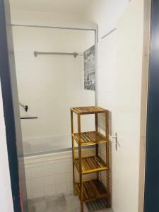 eine Dusche mit einem Holzregal im Bad in der Unterkunft yachtclub-fehmarn in Burgtiefe auf Fehmarn 