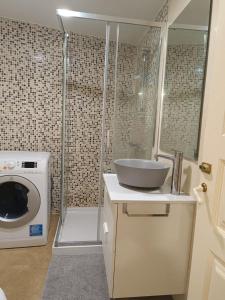 uma casa de banho com um lavatório e uma máquina de lavar roupa em Casa Camões em Bragança