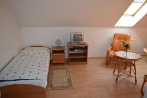 een slaapkamer met een bed, een tv en een stoel bij Davi Penzion & Bowling in Rožňava