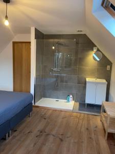 a bedroom with a shower and a bed and a bathroom at Hele mooie vakantiewoning nabij Brugge in Damme