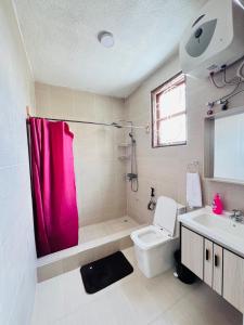 a bathroom with a pink shower curtain and a toilet at Urban Haven Rooms in Iringa