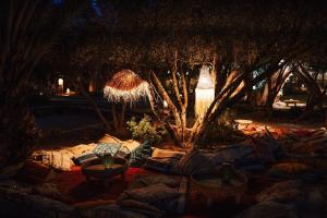 a night view of a garden with a tree at L'Ma Lodge in Skoura