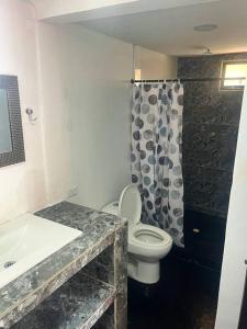 een badkamer met een toilet, een wastafel en een douche bij Cabaña Con Piscina Frente Al Mar in Juan de Acosta