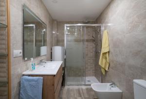 ein Bad mit einer Dusche, einem Waschbecken und einem Spiegel in der Unterkunft "Suite" Habitacion extra Large con baño privado en Benalmadena in Benalmádena