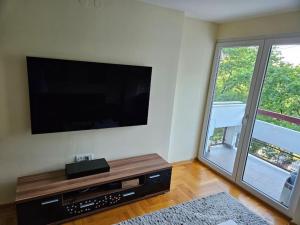 Una sala de estar con un televisor de pantalla plana en una pared. en Alex&Buba (FREE private parking), en Belgrado