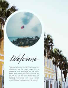 un flyer pour un hôtel avec une photo de l'océan et un drapeau dans l'établissement PERLA in Carolina PR 11 Min From Airport, à Carolina