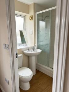 a bathroom with a toilet and a sink and a shower at Double rooms in Milton