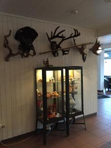 a room with a shelf with antlers on the wall at Hotel E-10 in Kiruna