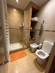 a bathroom with a toilet and a shower and a sink at Casa Aurora in Olavarría