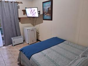 um quarto com uma cama e uma televisão de ecrã plano em SEA LODGE ALGARROBO em Algarrobo