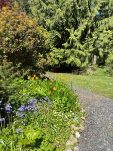 un jardín con un montón de flores y árboles en Ocean Wilderness Inn, en Shirley
