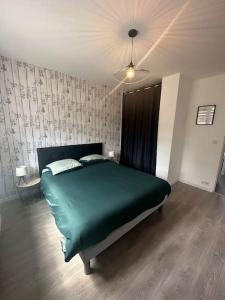een slaapkamer met een groen bed en een plafond bij Le cyprès avec jacuzzi seh'loué in Ploufragan