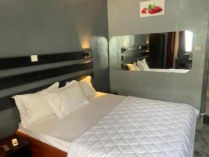 Schlafzimmer mit einem weißen Bett und einem Spiegel in der Unterkunft Sunrise Center Bonapriso 111 in Douala