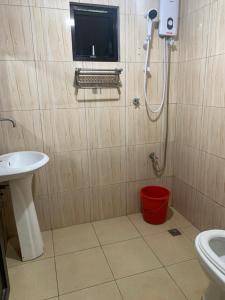 a bathroom with a shower and a toilet and a sink at Altheos Place Romblon Cottage 1 in Romblon