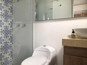 ein Badezimmer mit einem WC, einem Waschbecken und einem Spiegel in der Unterkunft Apartamento en La Candelaria, centro histórico Bogotá in Bogotá
