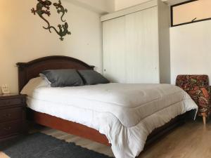 ein Schlafzimmer mit einem großen Bett und einem Stuhl in der Unterkunft Apartamento en La Candelaria, centro histórico Bogotá in Bogotá