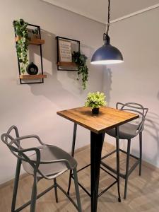 einem Esstisch mit 2 Stühlen und einer Topfpflanze in der Unterkunft Studio nuevo full equipado en Las Condes in Santiago