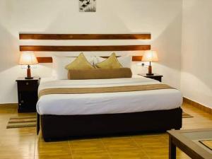 1 dormitorio con 1 cama grande y 2 lámparas en Dhanwanthari Bhawan Ayurvedic Retreat, en Habarana