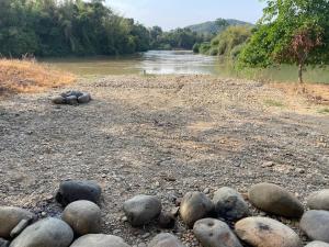 eine Gruppe von Felsen am Ufer eines Flusses in der Unterkunft Du Nam Riverside Tour Trọn Gói in Tân Phú