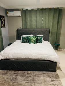 1 dormitorio con 1 cama grande y paredes verdes en Luxury Townhome in Oyarifa, en Oyarifa
