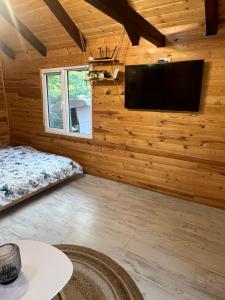een kamer met een bed en een flatscreen-tv bij Cabana Sorina in Corbu